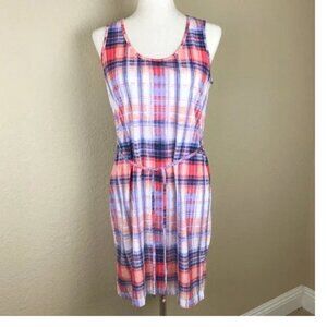 Eddie Bauer Sleeveless Tank Dress Multicolored Plaid Stripes 100% Cotton Peach